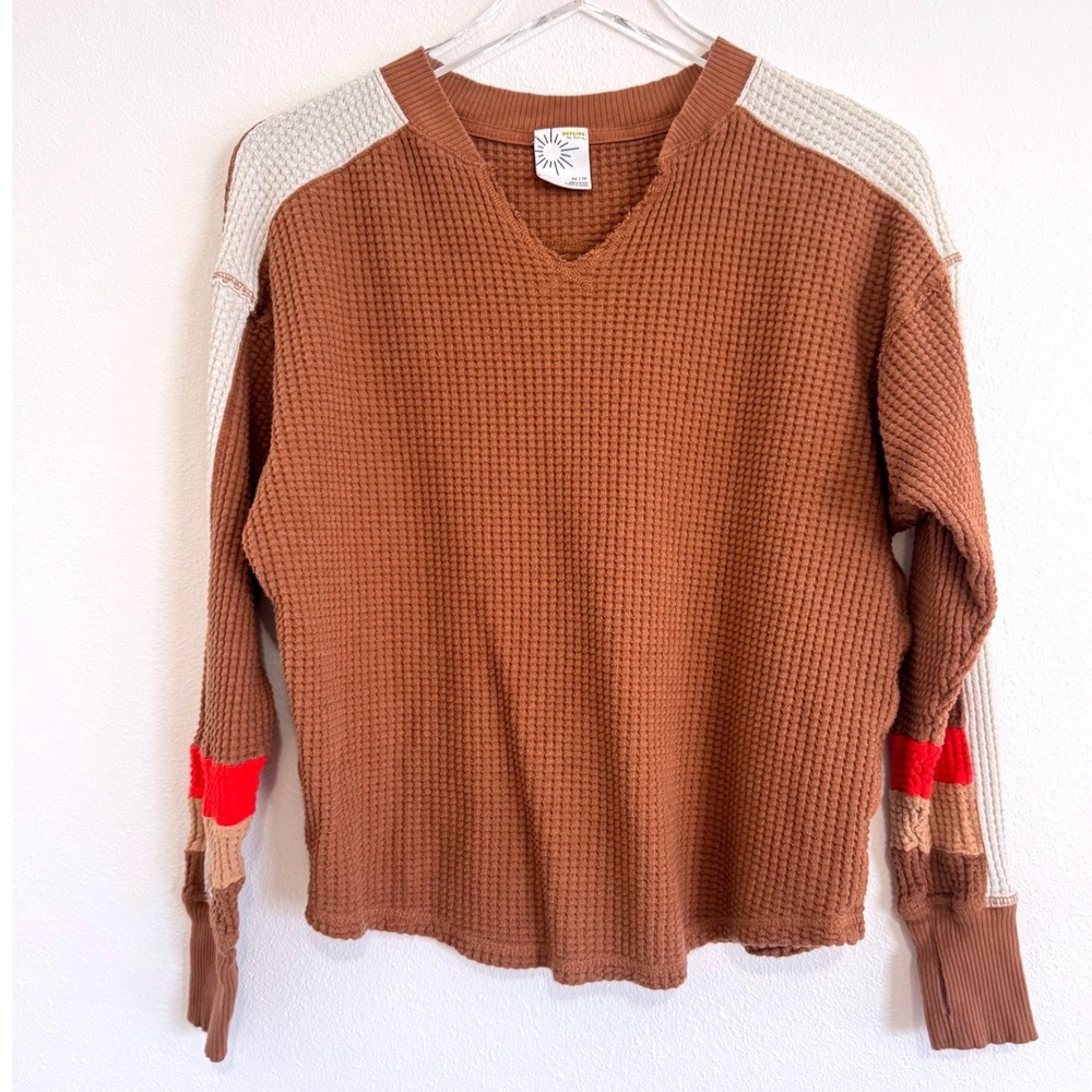 OFFLINE By Aerie Wow! Waffle Notch Neck Colorblock Sweater - Brown/Cream/Red‎
